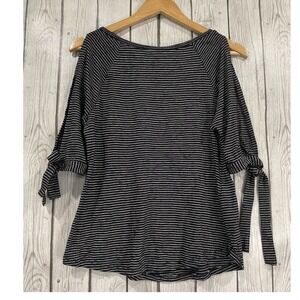 LOFT Striped Cold Shoulder Tie Sleeve Top Black White Size Small